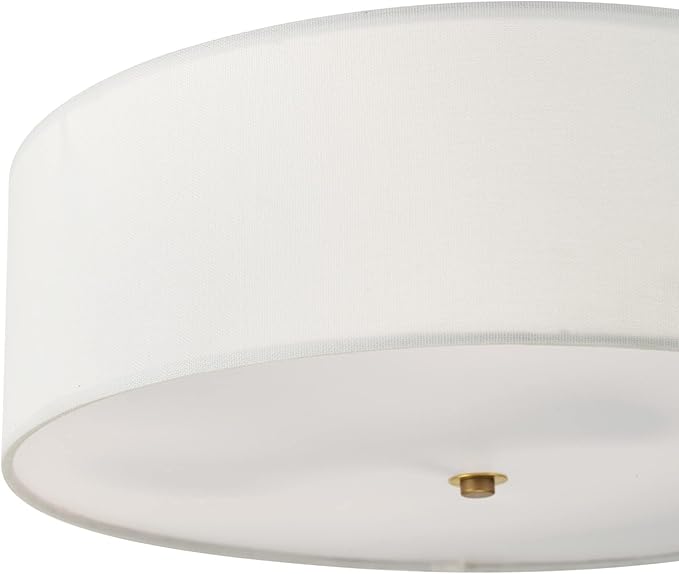 GLOBE Electric 60998 2-Light Flush Mount Ceiling Light, Matte Brass, White Linen Shade, E26 Base, Minimalist Lighting for Kitchen Island, Bathroom, Bedroom, or Dining Room, Home Decor
