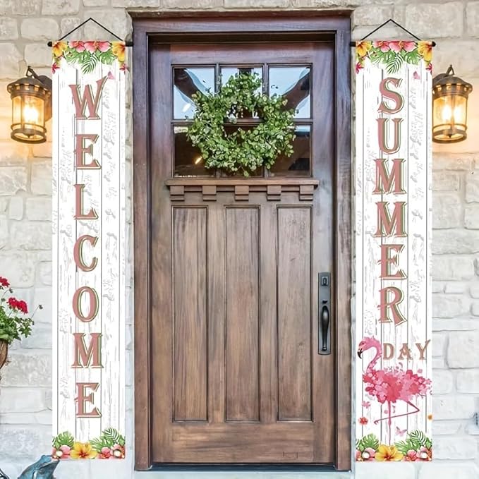 2pcs Welcome Summer Door Banner Hawaiian Flamingo Porch Banners Sign Sunshine Hibiscus Floral Front Door Hanging Decor Banner for Seasonal Home Hawaii Tropical Party Outdoor Decorations