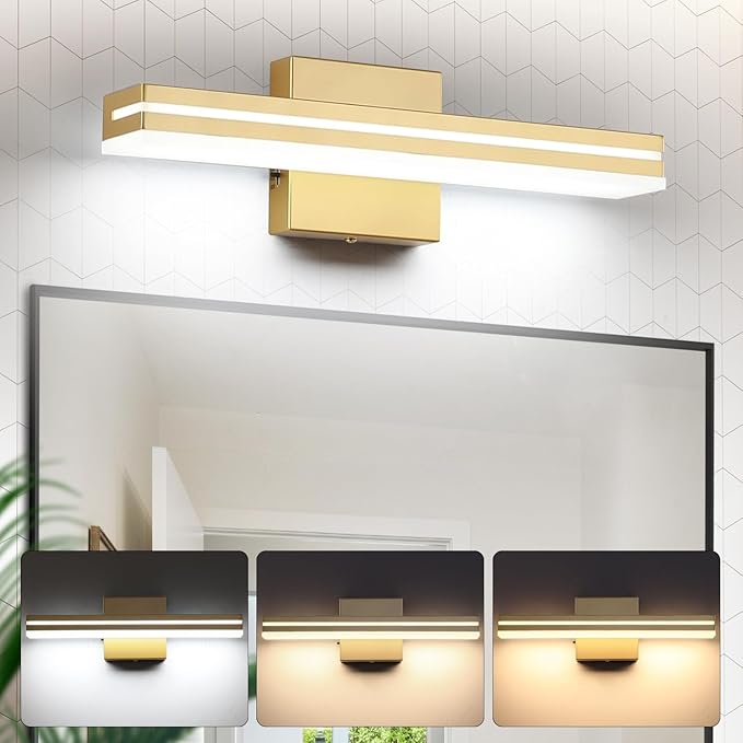 SineRise LED Modern Bathroom Vanity Light Fixtures (16-Inch, 3000K/4000K/6000K, Dimmable), Gold Modern Acrylic Bathroom Wall Lighting Fixtures Over Mirror