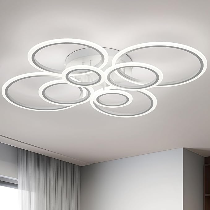 Modern LED Ceiling Light, White 8 Rings Flush Mount Ceiling Light, 4000K Lighting Fixture Ceiling Lamp for Kitchen, Bedroom, Living Room, Dining Room
