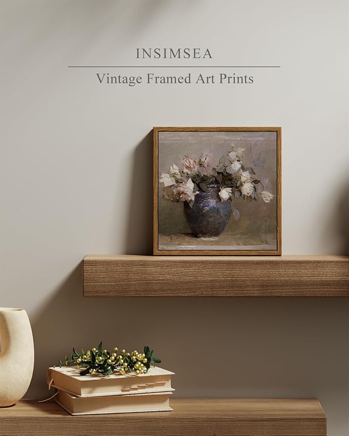InSimSea Square Framed Canvas Wall Art, Flowers Farmhouse Vintage Classical Floral Rose in Vase Pictures Wall Decor Paintings, Canvas Wall Decor for Living Room, Kitchen Bathroom Home 9"x9"
