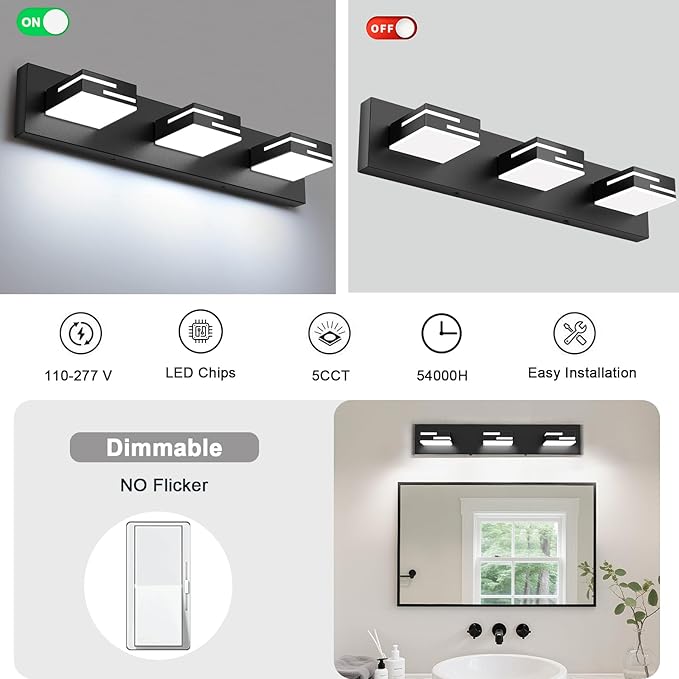 LED Modern Bathroom Vanity Light Fixtures 3-Light 5CCT Dimmable Matte Black Vanity Lights for Bathroom Lighting Fixtures Over Mirror, with 350° Rotatable Acrylic Heads, 22-inch