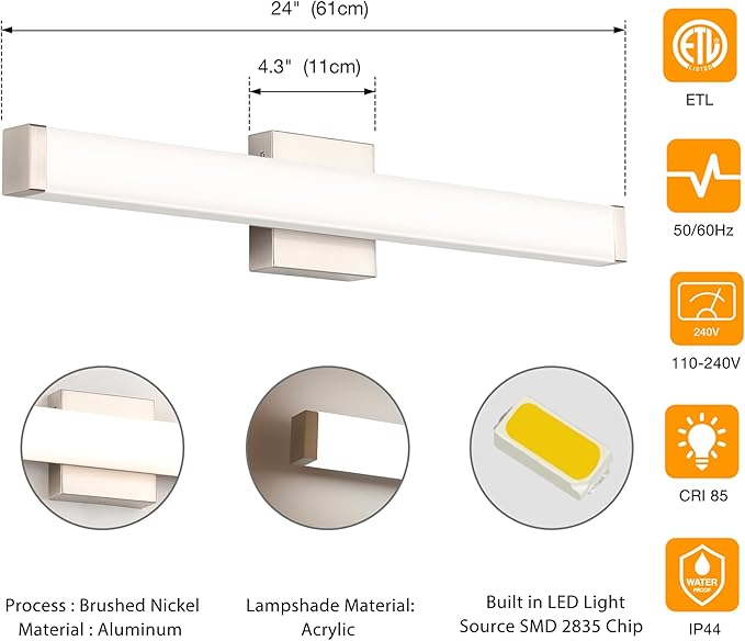 Bathroom Vanity Light Brushed Nickel Square LED 24 inch 14W 4000K Natural White Light Wall Bar Lighting Fixtures Over Mirror