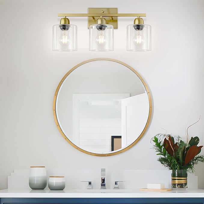 3 Light Gold Bathroom Light Fixtures, Modern Bathroom Vanity Lights with Clear Glass, Gold Vanity Mirror with Lights for Mirror Living Room Bedroom Hallway E26 Base