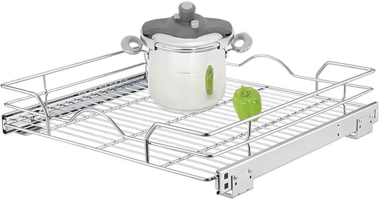 OCG Pull Out Cabinet Organizer (20.75" W x 17" D), Pull Out Shelves 1 Tier, Cabinet Slide Out Shelves for Base Cabinet Organization in Kitchen Bathroom Pantry, Bottom Mount, Chrome Finish