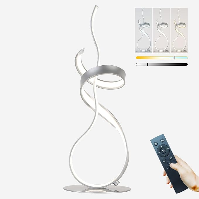 24W Modern 3Color Table Lamp with LED Spiral Design, 22“ Tall Silver Bedside Light & Nightstand Lamp, Touch Dimmable with 3 Colors & Remote Control for Bedroom, Living Room, Home Office (Silver)