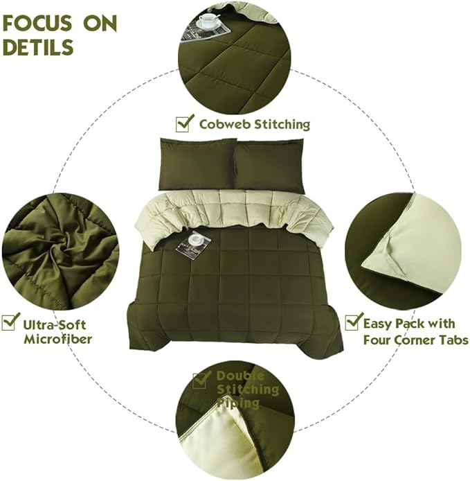 HIG 3pc Olive Green Queen Comforter Set - All Season Reversible Down Alternative Comforter with Two Shams - Quilted Duvet Insert with Corner Tabs - Box Stitched - Breathable, Soft, Fluffy