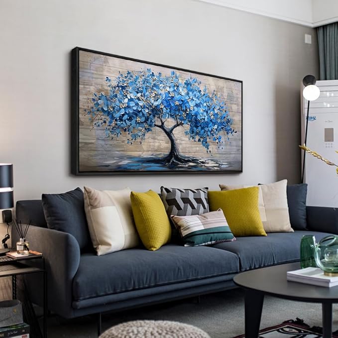 ERQINHUA Large Canvas Wall Decor For Living Room Farmhouse Wall Art For Bedroom Black Framed Mural Abstract Paintings Blue Tree Wall Pictures Artwork Office Decoration Dormitory Home Decor 30x60 In