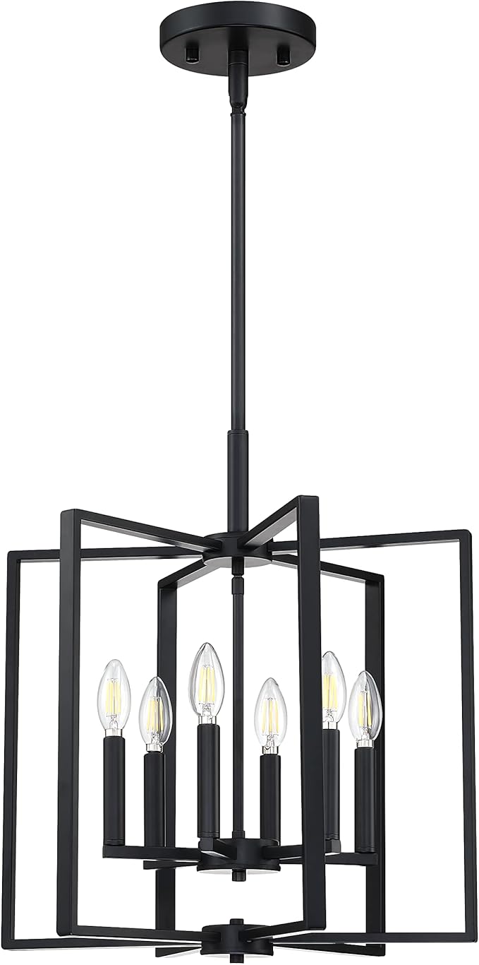 Leading Lighting 6 Light Farmhouse Chandelier Hanging Light Fixture Rustic Kitchen Island Lighting with Black Metal Frame for Entryway Dinning Room Bedroom