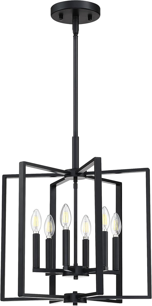 Leading Lighting 6 Light Farmhouse Chandelier Hanging Light Fixture Rustic Kitchen Island Lighting with Black Metal Frame for Entryway Dinning Room Bedroom