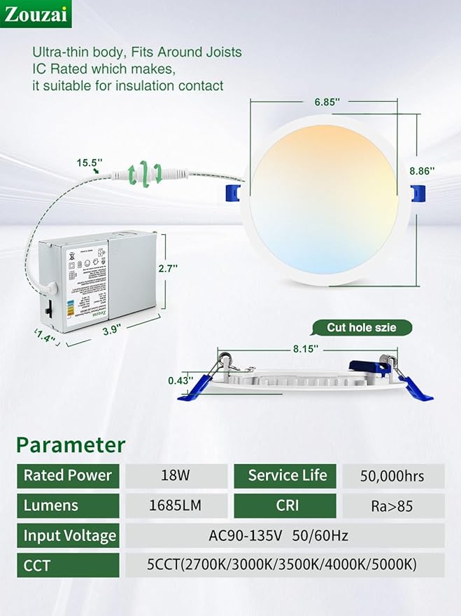 zouzai 24 Pack 8 inch 18W Eqv 150W 1620LM 5CCT Reset Ultra-Thin LED Recessed Ceiling Light with Junction Box, 2700K-5000K Selectable, Dimmable, Commercial and Home use - ETL and Energy Star Certified