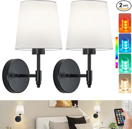 Rechargeable Wall Sconces Set of 2, Black Cordless Battery Operated Sconce with Dimmable LED Bulb and Remote, 13 Colors Wall Lights for Bedroom Living Room Hallway