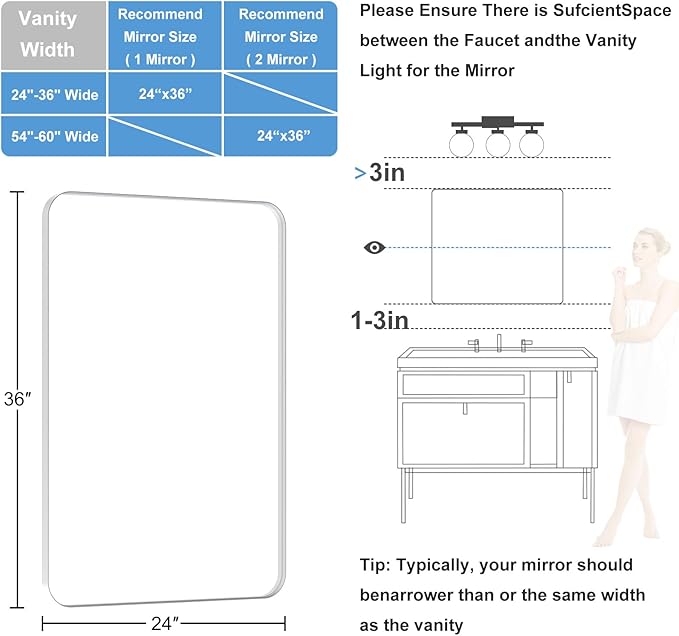 Brushed Nickel Bathroom Mirror for Over Sink, 24" x 36" Framed Rectargular Wall-Mounted Bathroom Mirrors for Vanity, Decorative, Farmhouse, Restroom, Horizontally or Vertically Hanging