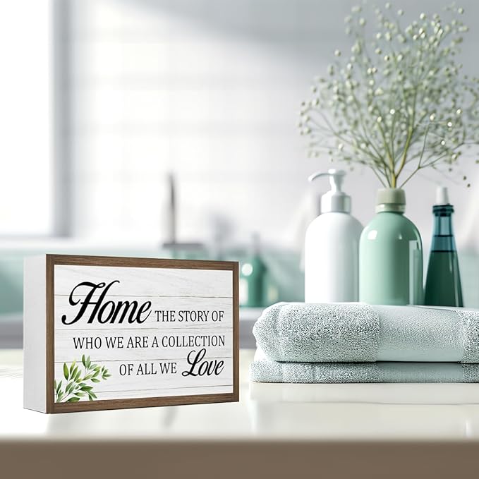 Home The Story of Who We are Wooden Box Sign Desk Decor,Family Quotes Wooden Block Plaque Sign for Home Farmhouse Living Room Bedroom Shelf Table Wall Decor