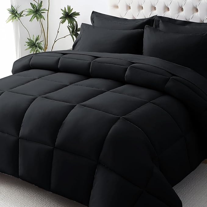 JOLLYVOGUE Twin XL Comforter Set, Ultra-Soft Bed in a Bag Twin XL Size 5 Pieces, Oeko-TEX Certified Bedding Set with Down Alternative Comforter, Sheets, Pillowcases & Shams, Black