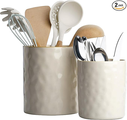 famiware Ocean Utensil Holder, 7.2"+5.8" Ceramic Kitchen Utensil Holder for Countertop, Cooking Utensil Crocks, Utensil Organizer for Spatula & Spoon, Kitchen Decor, Set of 2, Vanilla White