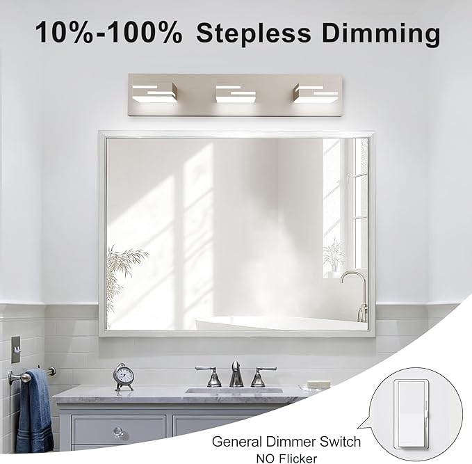 LED Modern Bathroom Vanity Light Fixtures, 3-Light 22-inch Dimmable Brushed Nickel Vanity Lights for Bathroom Lighting Fixtures Over Mirror, with 350° Rotatable Acrylic Heads (Cool White 6000K)