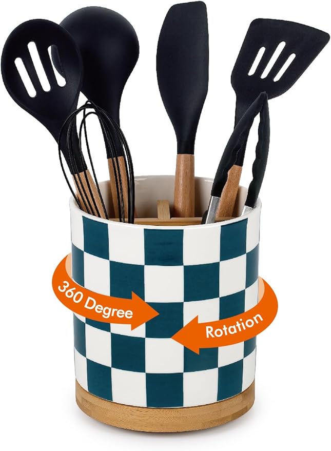 LoeJan 3 Compartment Utensil Holder, Extra Large Utensil Crock, Stable Ceramic Utensil Organizer, Cooking Tool Organizer Set for Kitchen Counter Farmhouse Decor (J-Deep Green(Square))