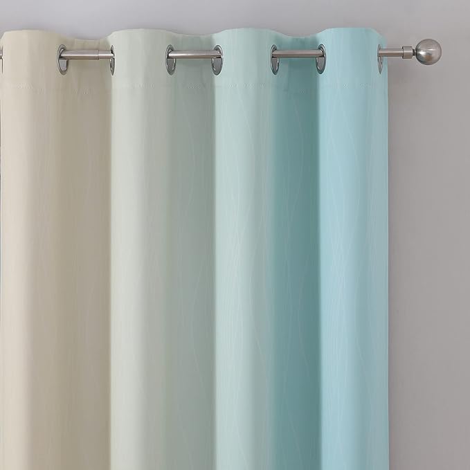 Estelar Textiler Ombre Aqua and Beige Blackout Curtains 96 Inches Long for Sliding Door, Gradient Thermal Insulated Full Light Blocking Grommet Blackout Drapes for Bedroom, 52Wx96L, 2 Panels