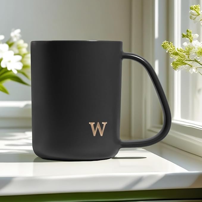 COLLECTIVE HOME - Ergonomic Handle Ceramic Mug, 15 oz Personalized Coffee Cup with Golden Initial, Microwave & Dishwasher Safe, Elegant Monogram Tea Mug in Gift Box for Home & Office (Black-w)