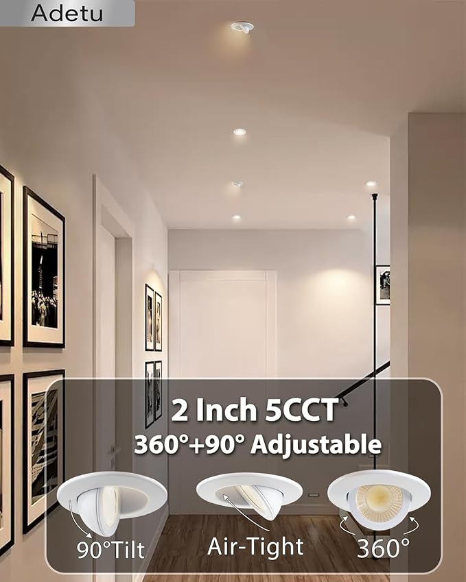Adetu 2 Inch 5CCT Gimbal Led Recessed Lighting with Junction Box, 360°+90° Adjustable Recessed Can Lights, 2700K/3000K/3500K/4000K/5000K Selectable, 5W Eqv 50W, 550LM Brightness - ETL (White, 1 Pack)