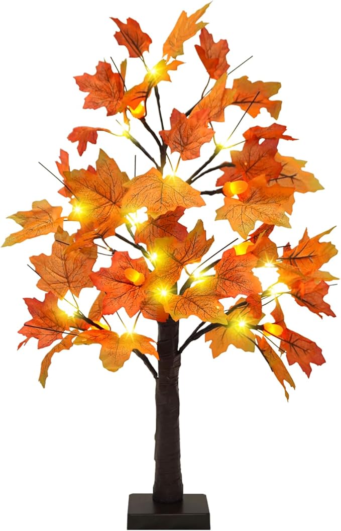 Uieke 24inch Lighted Artificial Fall Maple Tree Fall Decor 24 LED Tabletop Fall Tree with 6 Pne Cones Lights Battery Operated with Timer, Fall Decorations for Home Thanksgiving Autumn Harvest Decor