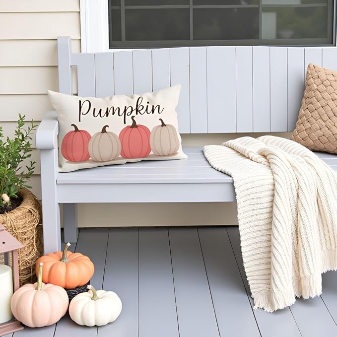 PANDICORN Fall Throw Pillow Covers 12x20, Blush Pink Pumpkin Fall Decorations for Home Decor, Thanksgiving Autumn Lumbar Decorative Cushion Case for Living Room Bedroom Sofa Couch