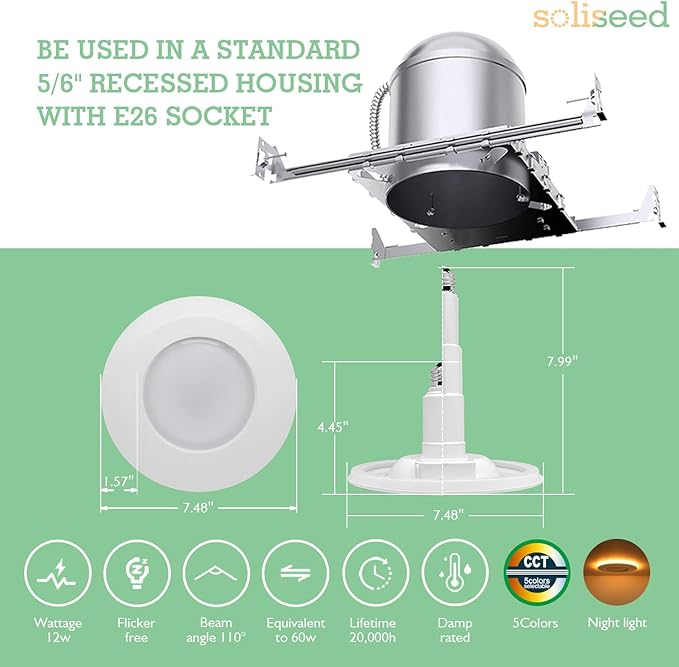 Soliseed 6 Pack 5/6 Inch 5CCT LED Can Lights with Night Light,Retrofit Recessed Lighting Selectable 2700K/3000K/3500K/4000K/5000K,12W=60W,800LM,Dimmable Can Lights,Easy Install