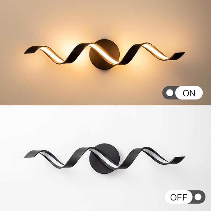 Dimmable Modern Bathroom Vanity Lights, 24 inch Spiral Design Black LED Bathroom Wall Light Fixtures Over Mirror for Living Room Bedroom 3000K Warm Light
