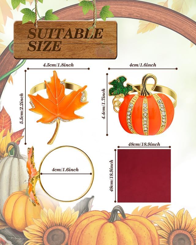 KPOSIYA 24 Pcs Fall and Christmas Napkin Set - 12 Thanksgiving Rings and 12 Cloth Napkins - Maple Leaf and Halloween Pumpkin Holders for Table Decorations