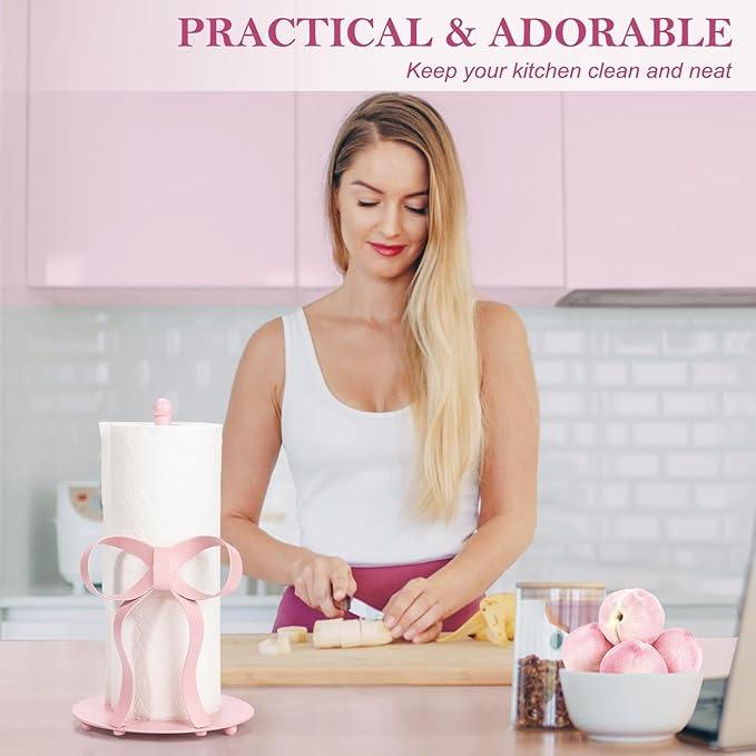 Pink Bow Paper Towel Holder Coutertop - Bow Accent Paper Towel Holder, Pink Kitchen Decor and Accessories, Coquette Room Decor Girly Gifts for Women, 3D Handmade Pattern, Weighted Base