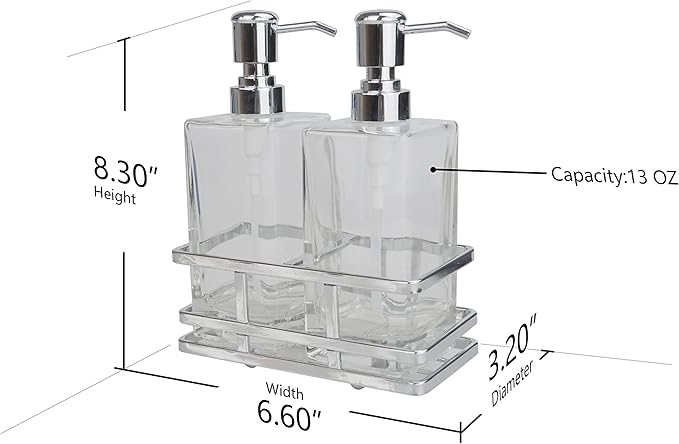 Square Glass Clear Lotion and Soap Pump Dispenser Set with Metal Stand Caddy for Bathroom Bath Kitchen Home Office Travel Hotel Hand Crafted Heavy Weight Chrome