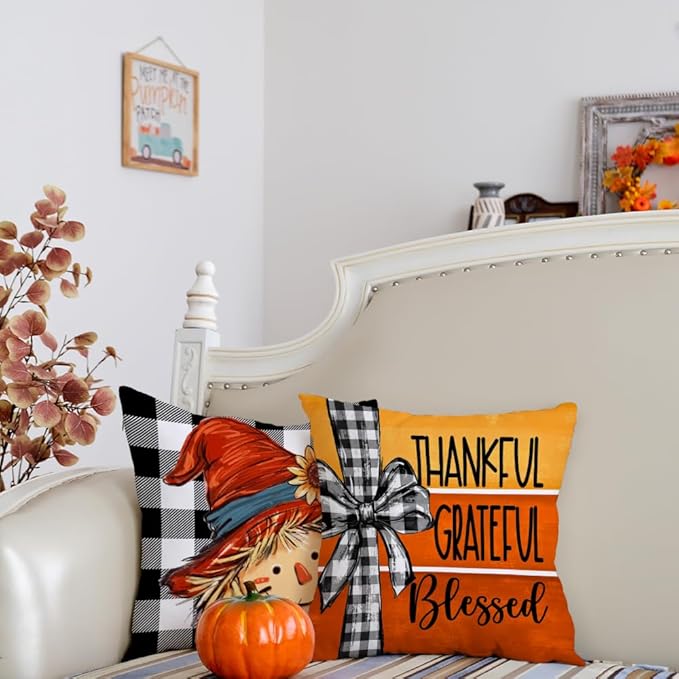 GEEORY Fall Throw Pillow Covers 16x16 Inch Set of 4, Pumpkin Scarecrow Buffalo Plaid Orange Autumn Seasonal Decorative Farmhouse Decoration for Home G563-16