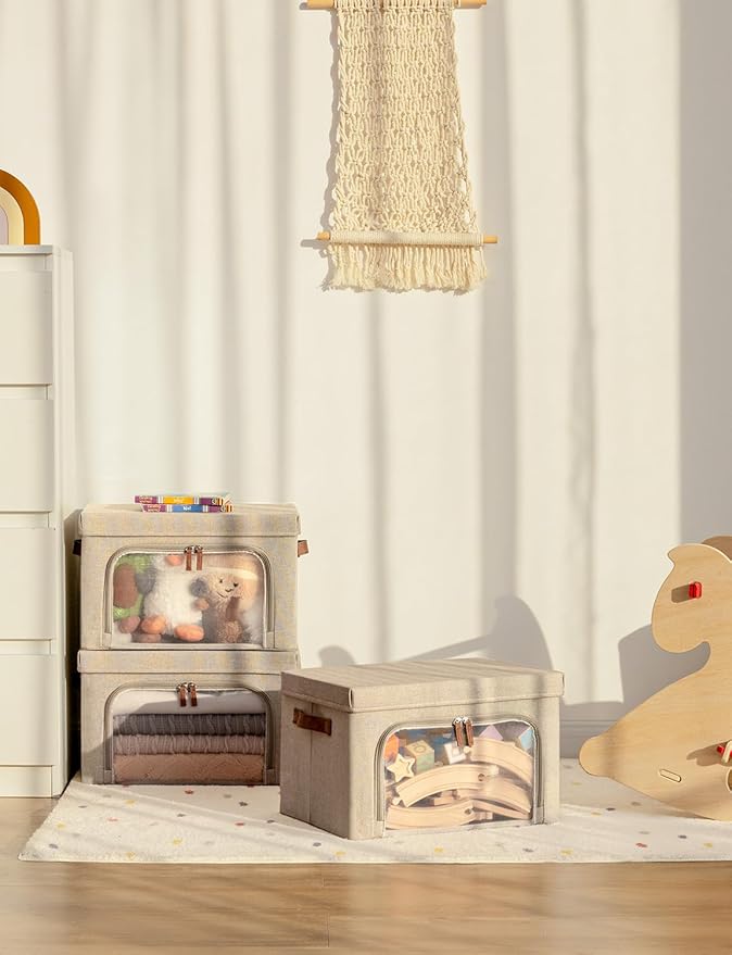 StorageWorks Storage Bins with Lids, Decorative Boxes with Clear Window for Clothes, Fabric Collapsible Baskets for Closet Organization, Medium, Brown, 3 Packs