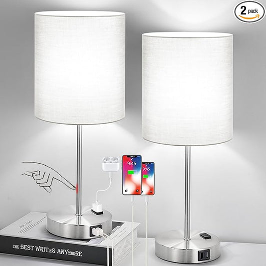 𝟮𝟬𝟮𝟯 𝗡𝗘𝗪 Set of 2 Touch Grey Table Lamps with 2 USB Ports & AC Outlet, 3-Way Dimmable Bedside Nightstand Lamps for Bedroom Living Room Nursery, 800 Lumens 5000K Daylight Bulbs Included