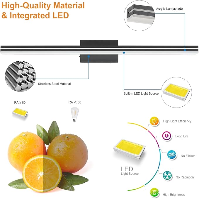 SineRise LED Modern Bathroom Vanity Light Bar (40-Inch, 3000K/4000K/6000K), Matte Black Dimmable Modern Acrylic Bathroom Wall Lighting Fixtures Over Mirror