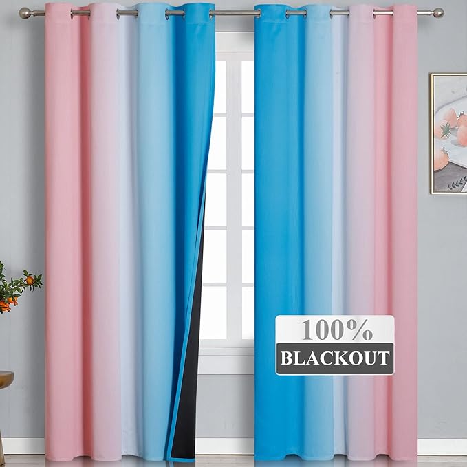 Pink and Blue Blackout Curtains 84 Inches Long,Ombre and Wave Line Pattern Grommet Thermal Insulated Gradient Blackout Curtains for Bedroom,Full Light Blocking Drapes for Kid Room,52x84 Inch,2 Panels