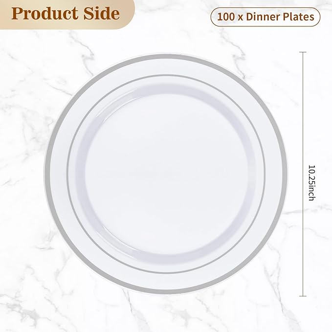 100PCS Silver Plastic Plates, 10.25 Inch Disposable Dinner Plate Party with Silver Rim for Christmas, Thanksgiving, Heavy Duty Disposable Plastic Plates for Party, Wedding and Birthday, Events