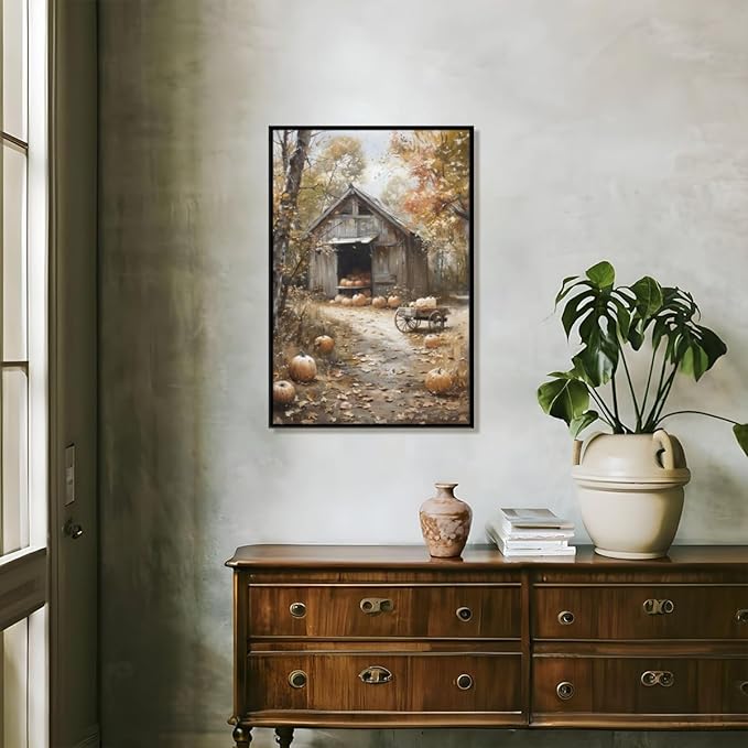Fall Canvas Wall Art Farmhouse Pumpkin Barn Posters Retro Countryside Fall Pictures Prints Farmhouse Wall Decor for Home Living Room 24x36inch black framed