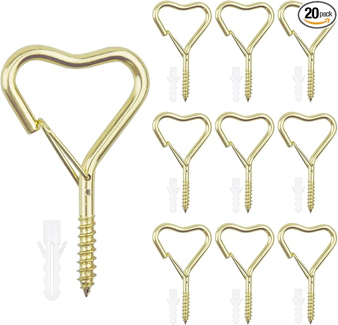 Lamp Wire Hook,Heart-Shaped Screw-in Wall Hooks for Outdoor Decor, Champagne Metal, Key Hook,Decorative Plant Hanging,Clothes Hook (Gold, 10Pcs)