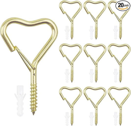 Lamp Wire Hook,Heart-Shaped Screw-in Wall Hooks for Outdoor Decor, Champagne Metal, Key Hook,Decorative Plant Hanging,Clothes Hook (Gold, 10Pcs)