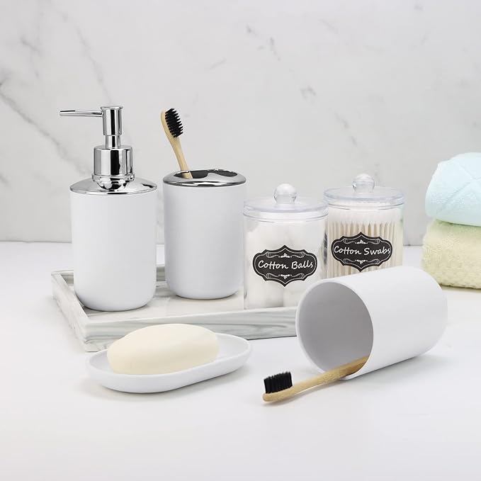 White Bathroom Set,9 Piece Bathroom Accessories Set,Tray,Soap Dispenser,Toothbrush Holder,Toothbrush Cup,Soap Dish,Toilet Brush,Qtip Holders,Trash Can for Bathroom Décor and Housewarming Gifts