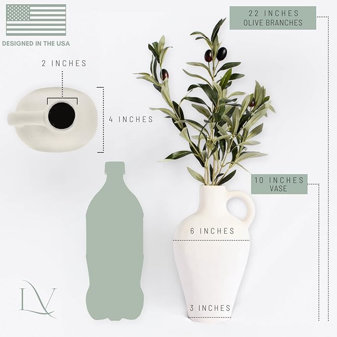 Luxurious Gift Set Textured Ceramic Vase 10 Inch with Olive Branches 22 Inch Tall White Medium Vase Artificial Topiaries Fake Plants, Minimalist Shelf Decor, Neutral Home Office High End Gifting Decor