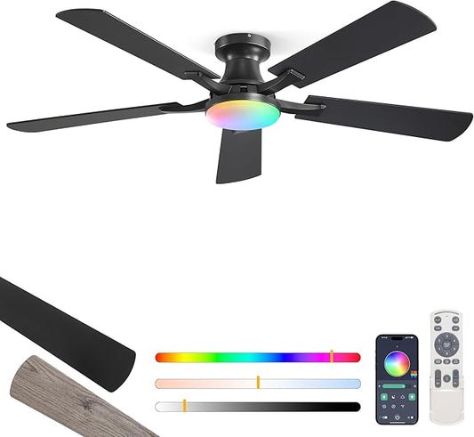 ZMISHIBO 52 Inch RGB Ceiling Fan with Light, App&Remote Control, Flush Mount Low Profile, Dimmable 20W LED Light, Quiet Reversible Motor for Bedroom, Living Room, Apartment, Black