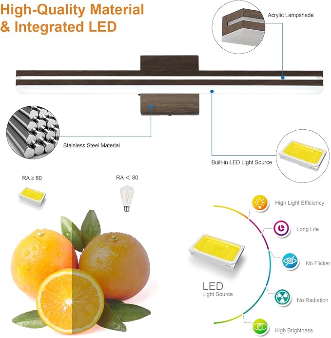 SineRise LED Modern Bathroom Vanity Light Fixtures (24-Inch, 3000K/4000K/6000K, Dimmable), Brown Wood Painted Modern Acrylic Bathroom Wall Lighting Fixtures Over Mirror