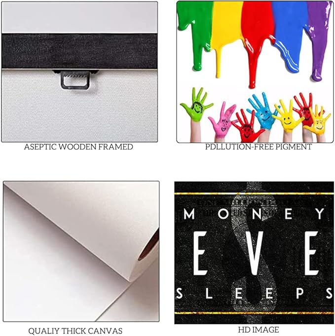 Large Size 1 Big Pieces Money Never Sleeps Canvas Paintings Posters and Prints Motivational Office Home Wall Decoration Pictures HD Print for School Coffee Shop Wall Hangings Wooden Framed-48"Wx24"H