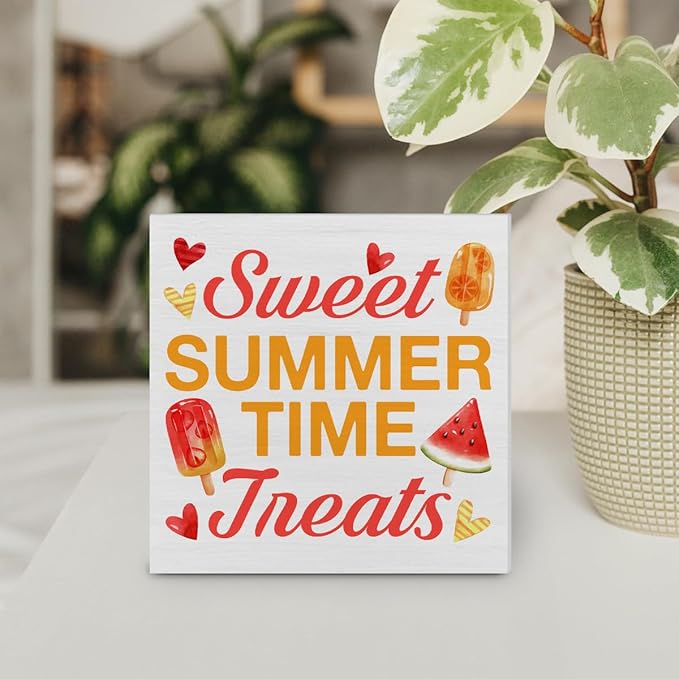 Ice Cream Decor Summer Wood Block Sign Summer Popsicles Decorations for Home Kitchen 5 x 5 Inches