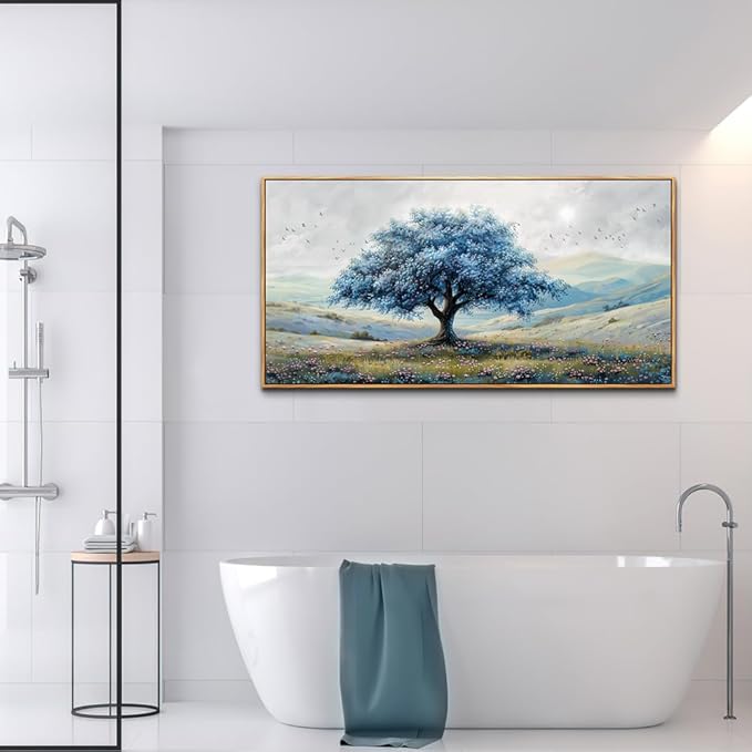 ZUITINGHUA Large Wood Framed Wall Decor For Living Room Canvas Wall Art For Office Modern Wall Decorations For Bedroom Blue Tree Landscape Painting Farmhouse Pictures Artwork Home Decor 24x48 In