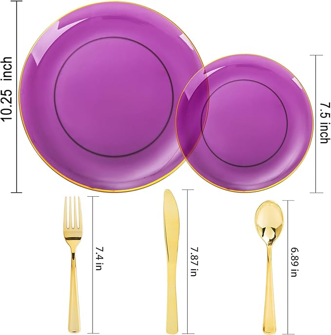 YOUBET 125PCS Purple Plastic Plates - Purple Disposable Plates With Gold Rim - Include 50 Dinner & Dessert Plate, 75 Gold Cutlery Perfect for Wedding Parties