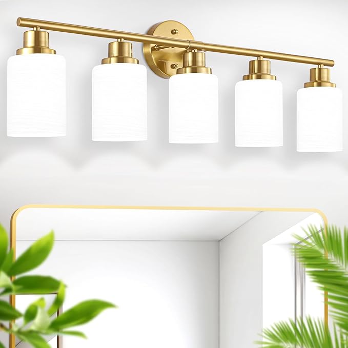 5-Light Vanity Lights, Brushed Gold Bathroom Light Fixture with Striped Textured Milky White Glass Shade, E26 Modern Vanity Lighting Fixture for Bathroom Wall Sconce Light Over Mirror
